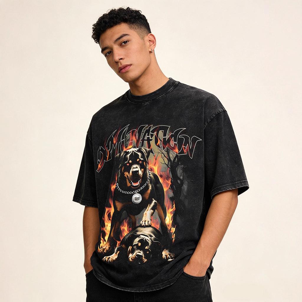 Heavy Weight Cotton Short-Sleeved T-Shirt High-Quality Digital Direct Injection Printing Half-Sleeved Washed Vintage T-Shirt