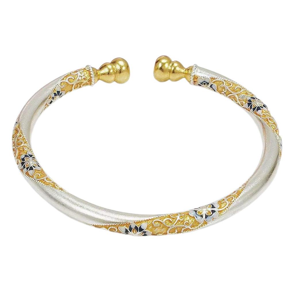 Gold Enamel & Sterling Silver Blooming Flowers Gourd Bangle - Versatile Gift for Girlfriend