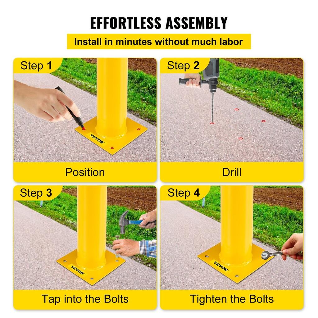 Safety Bollard, 42 Inch Height Bollard Post, 5.5 Inch Diameter Steel Pipe Safety Bollard Post, Yellow Steel Bollard, Steel Safety Bollard with 8