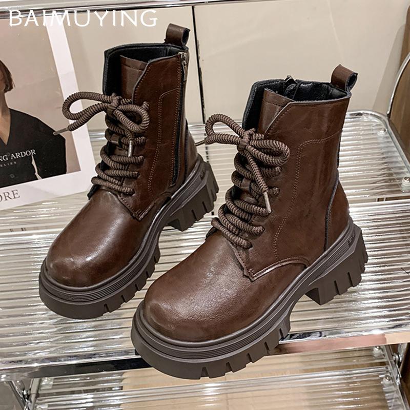 Women Ankle Boots Platform Mid Heels Designer Shoes Lace Up Motorcycle Boots  Trend Winter New Brand Goth Botas De Mujer