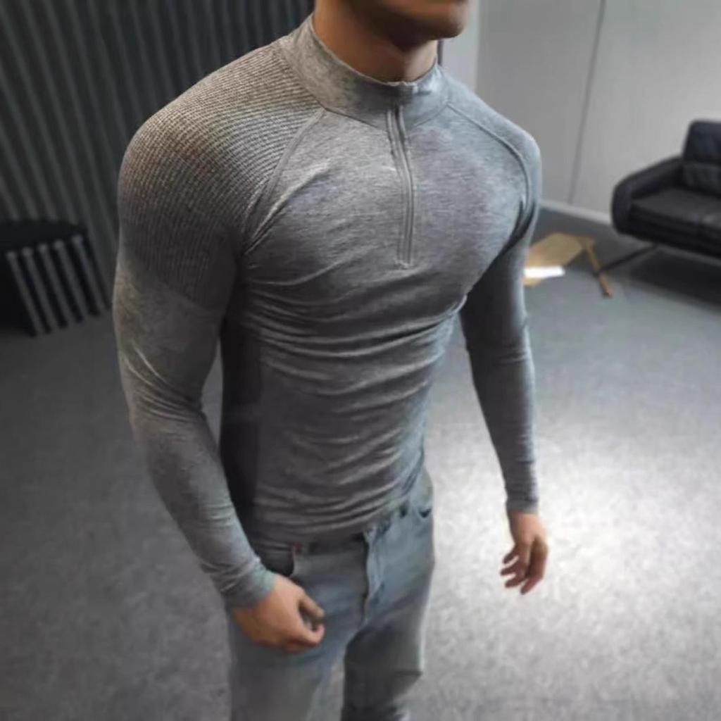 American Seamless Jacquard Zip-Up Fitness Base Layer Quick-Dry Slim Fit Long Sleeve T-Shirt