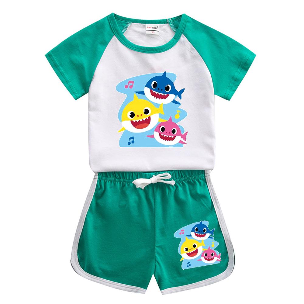 Kids' Baby Shark Summer Set 2024: Pure Cotton Cartoon T-Shirt & Shorts, Two-Piece Set