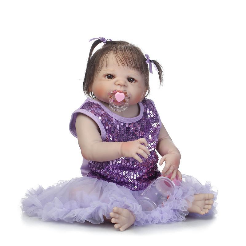 Popular Full Glue Realistic Baby Doll with Baby Clothes - Cute Holiday Gift 56 cm, Brown Eyes фиолетовый