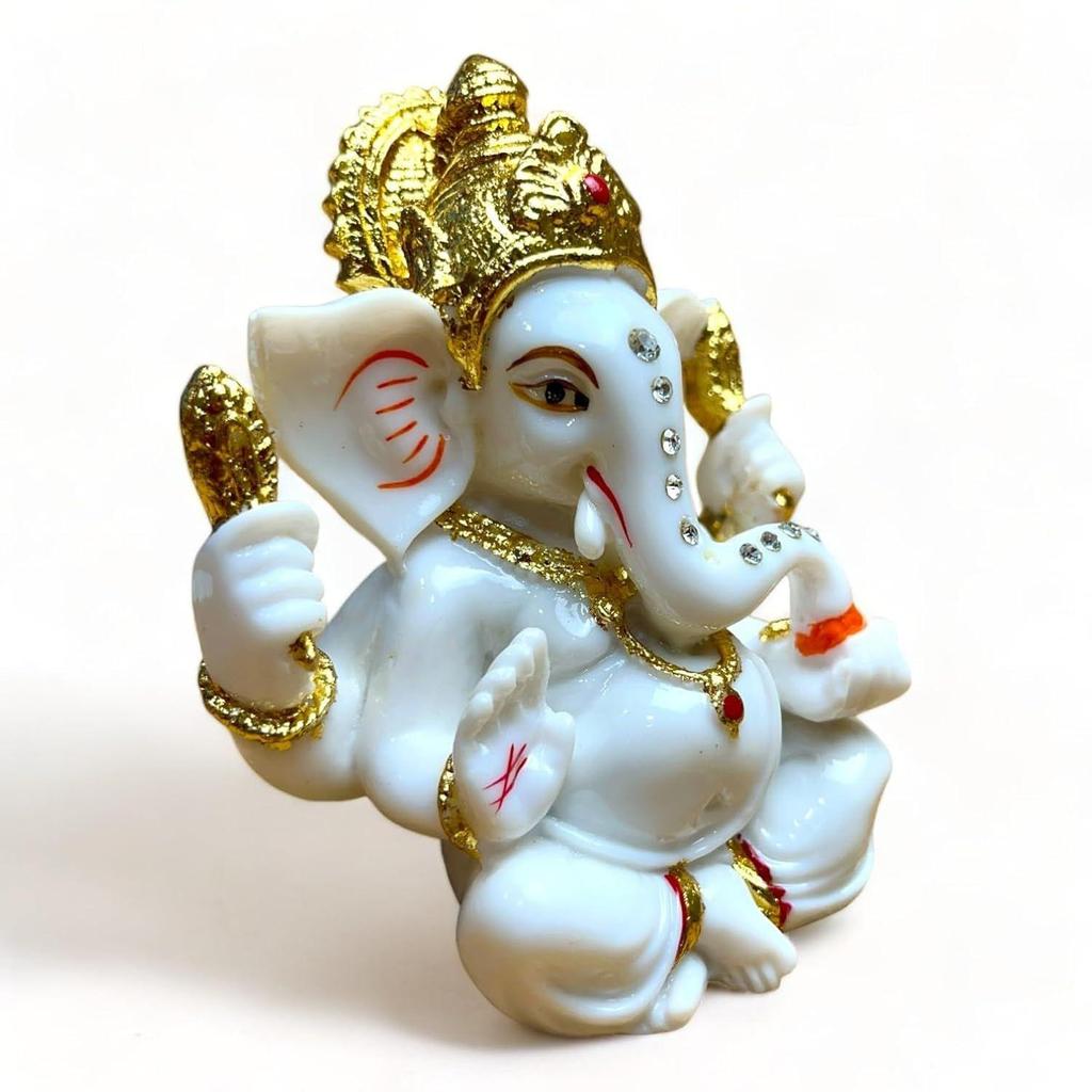Handmade Marble Dust Lord Ganesha 4.5 Inch for Diwali God Idol Art Figurine for Home Car Dashboard Ganpati Ganesh Murti Temple Pooja Decorative