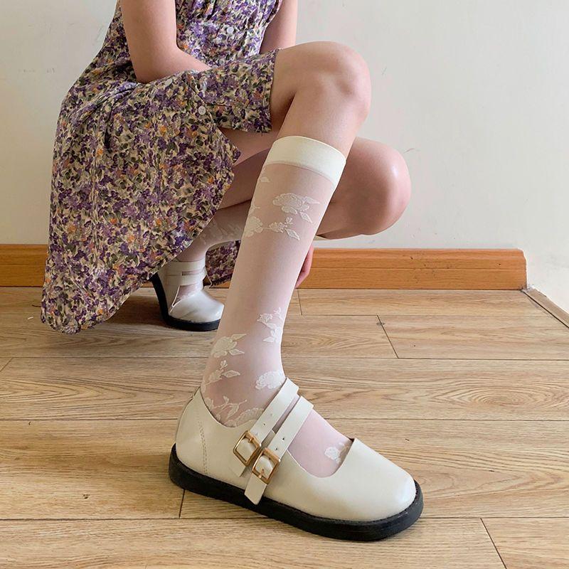 

Summer Lolita Embroidered Calf/Knee High JK Silk Socks for Women | Thin White Over-The-Knee Stockings