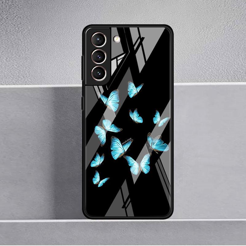 Funda de Cristal Mariposa Rosa Belleza Para Samsung Galaxy S22 S20 FE S21 Plus Cubierta de Teléfono S10 5G S9 Note 20 Ultra 10 Lite Carcasa