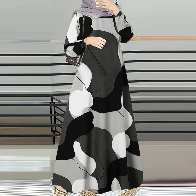 

ZANZEA Женское повседневное платье макси с длинным рукавом и круглым вырезом с принтом 5XL чёрный