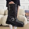 Martin Boots Women's Spring and Autumn Belt Buckle Round Head Knight Boots Retro Metal Short Boots Western Cowboy Platform Leather Boots