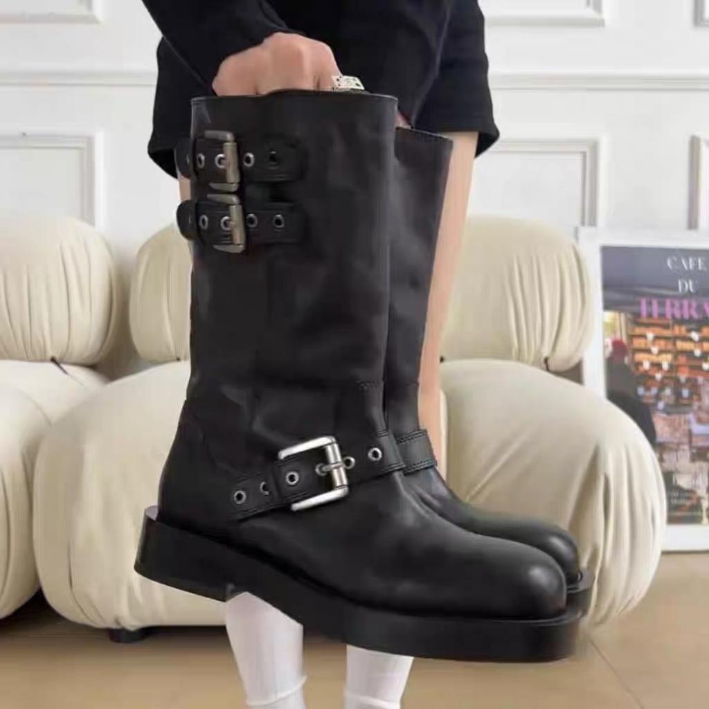 Martin Boots Women's Spring and Autumn Belt Buckle Round Head Knight Boots Retro Metal Short Boots Western Cowboy Platform Leather Boots