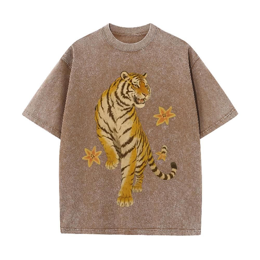2026 Vintage Washed Black Retro Tiger Floral Graphic T Shirt Oriental Wild Animal Oversized Streetwear Casual Short Sleeve Tee