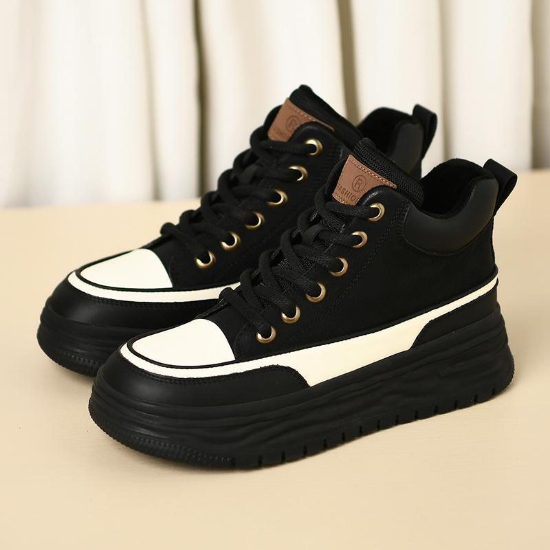 Autumn Top Layer Cowhide Color Block Heightened Platform Casual Women's Sneakers Retro Soft Sole Women's Fashion Single Shoes