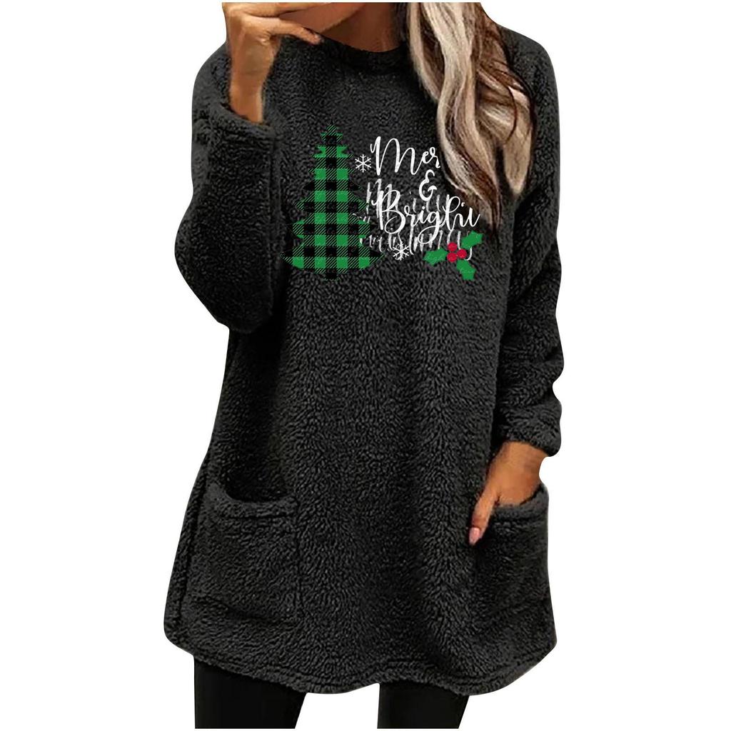 European & American Women's Christmas Tree Print Loose Plush Hoodie with Pockets