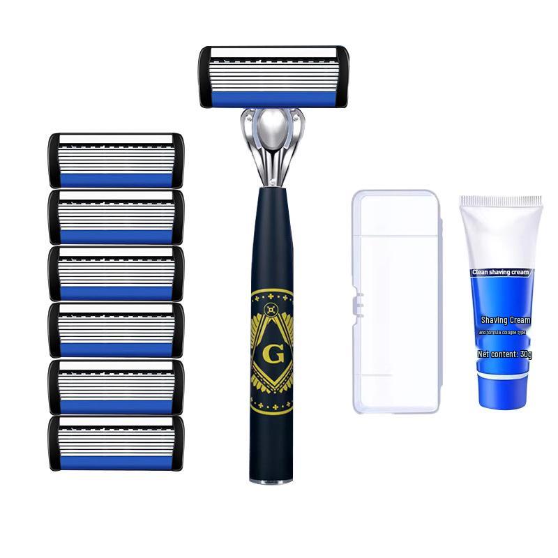 

Мужская 6-лезвийная механическая бритва с универсальной нержавеющей сталью, шестислойный держатель лезвий против царапин 1 Handle, 6 Blades, Shaving Cream Box синий