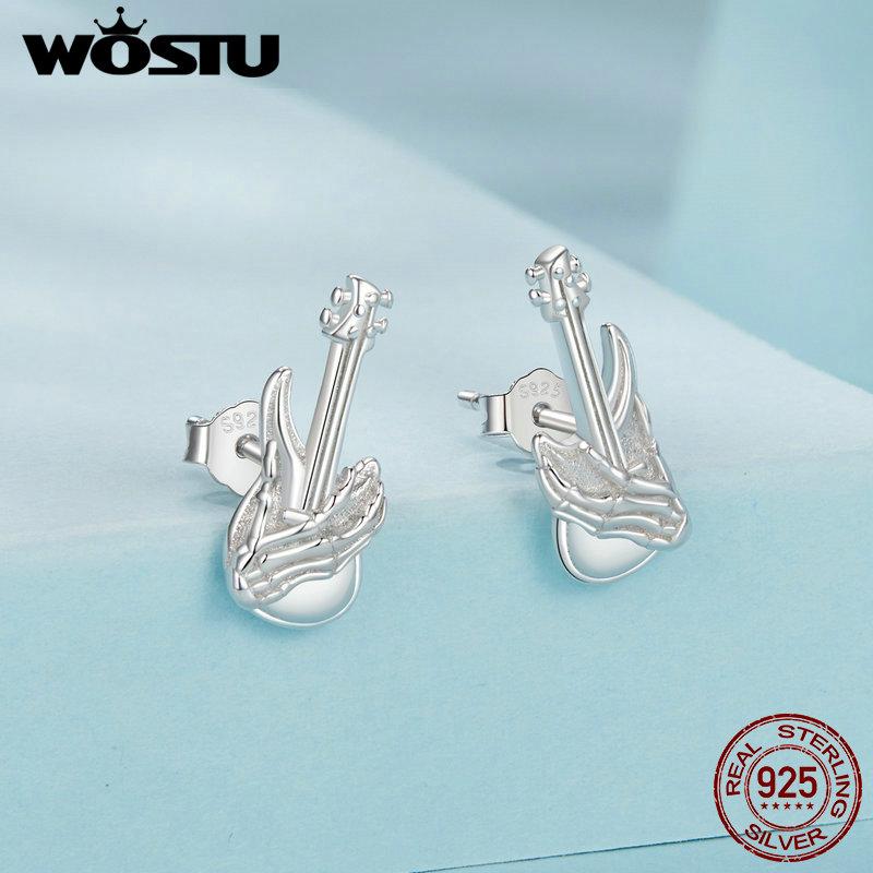 WOSTU 925 Sterling Silver Music Heart Note Stud Earrings Women Punk Gift Skull Hand Bass Studs Earring Hip Hop Jewelry Gift
