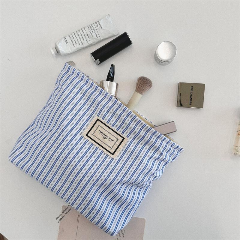 Blue Striped Women's Makeup Case Wash Storage Bags Casual Canvas Ladies Cosmetic Bag Travel Female Clutch Purse Handbags