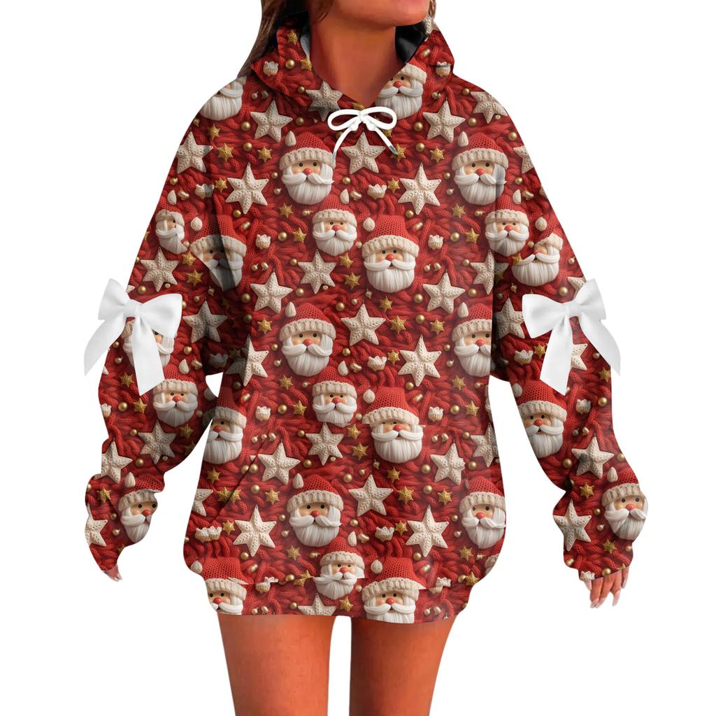 Ladies' Christmas Printed Bow Long Sleeved Loose Fitting Headband With Rope Hooded Sweatshirt Top