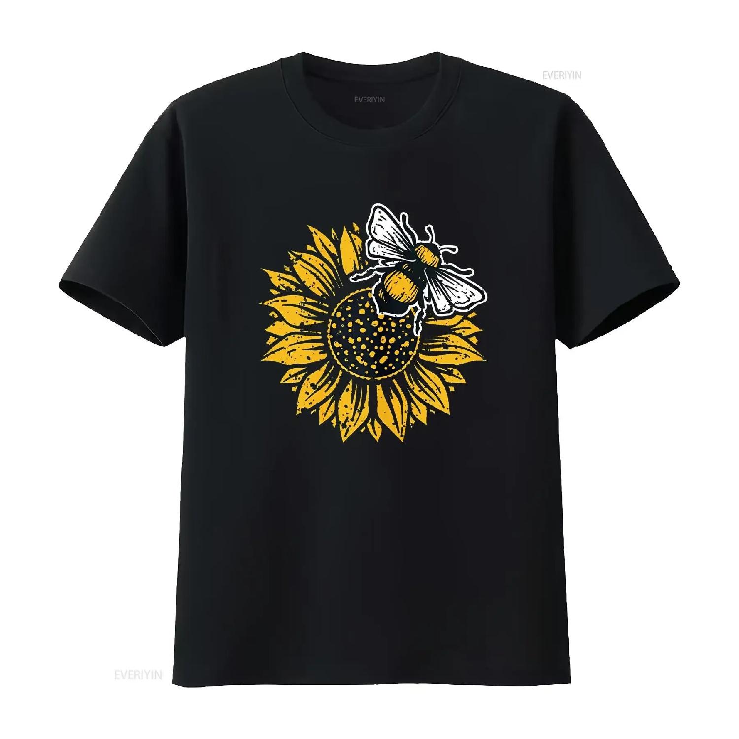 Bumblebee Sunflower T shirt for Women Spring Time Save The Bees Honeybee Casual Tops Black X Large vintage Washed S чёрный