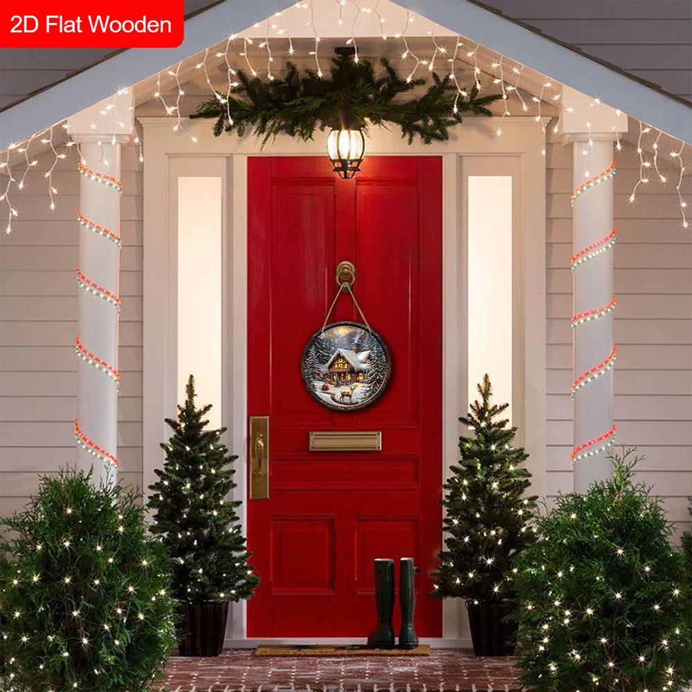 Caldo Inverno Natale Segno di Legno con Motivo Alce e Casa di Neve - Segno Rotondo Buon Natale per Porta d'Ingresso, Decorazione da Appendere alla Parete - Regalo di Natale Ideale