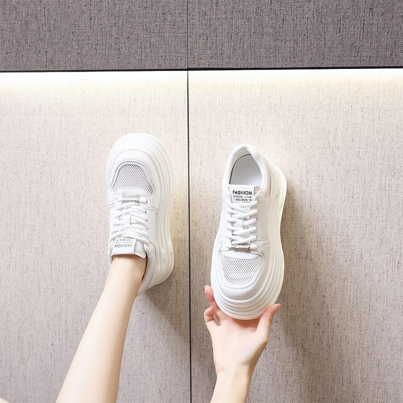 Leather mesh white shoes women's platform sports shoes women's inner height increase casual lace-up board shoes women