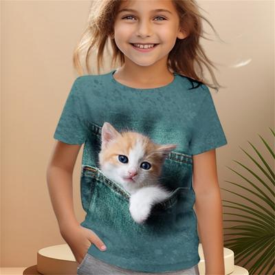 Vêtements pour filles Vêtements pour enfants à manches courtes de 2 à 8 ans T-shirts à imprimé chat une pièce Hauts Kawaii Vêtements d'été pour garçons