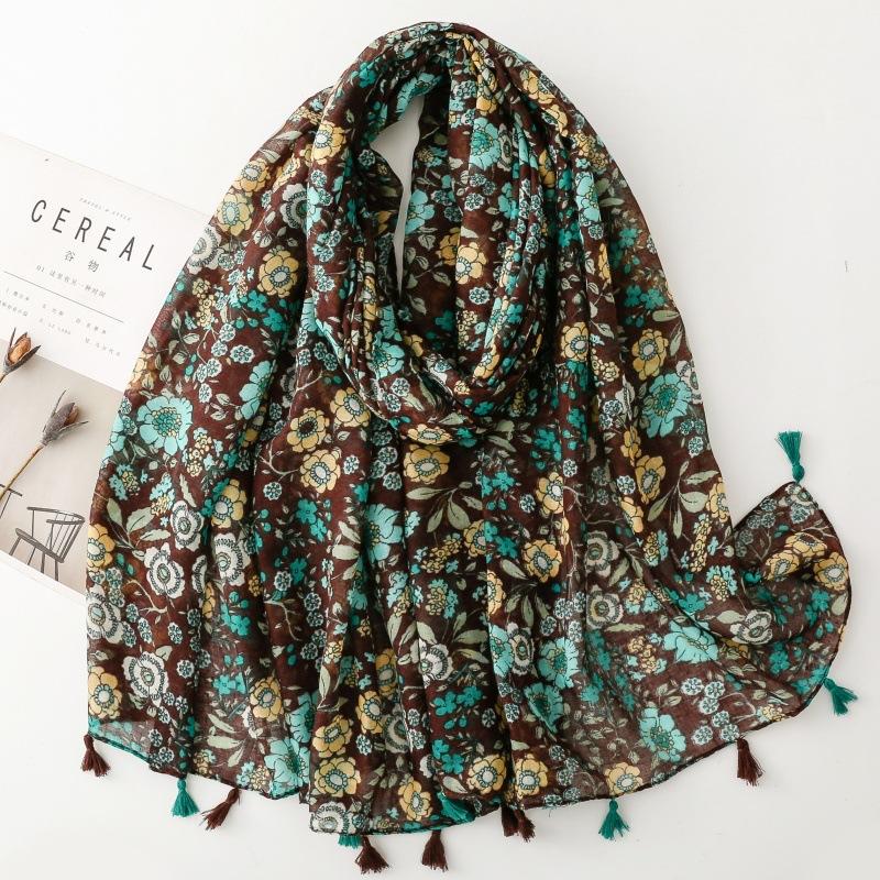 

88*180cm Bohemian Green Flower Women Viscose Scarf Shawl Cotton Linen Feeling Tassel Pashmina Muslim Hijab Wrap Lady Female 88x180cm