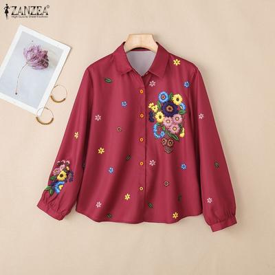 Women Floral Print Loose Casual Turn Down Collar Long Sleeve Blouse