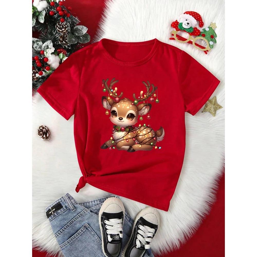 Cute Christmas Reindeer Print Women's T-shirt Cartoon Casual Short Sleeved Round Neck Women's Red T-shirt Women Y2k T-shirt Women