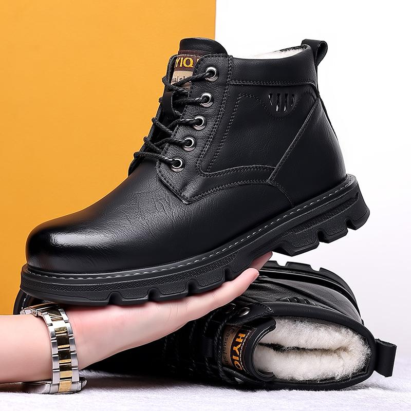 Fashion Genuine Leather Mens Tooling Boots Winter Outdoor Non-Slip Snow Boot Wool Fur Casual Shoes Man Ankle Boots Waterproof Snow Boots