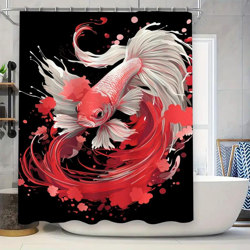 

Fancy Fish Shower Curtain Red White Black Splashing Waterfall Decoration for Bathroom Waterproof Bath Mat, Size 72x84 Inches 90x180cm