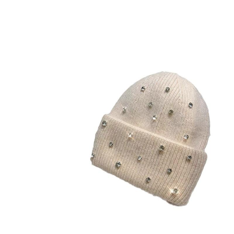 French Light Luxury Rhinestone Heavy Industry Rabbit Hair Knitted Hat Women'S Sweet Versatile Headgear Outdoor Thermal Hat