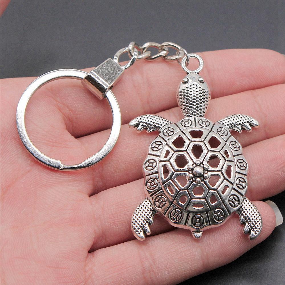 Marine Life Turtle Ocean Creature Pendant Antique Bronze Metal Keychain with 30mm Ring for Men Fashion Gift