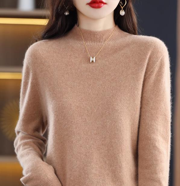 2024 Fall/Winter Women's 100% Wool Semi-High Neck Loose Knitted Sweater