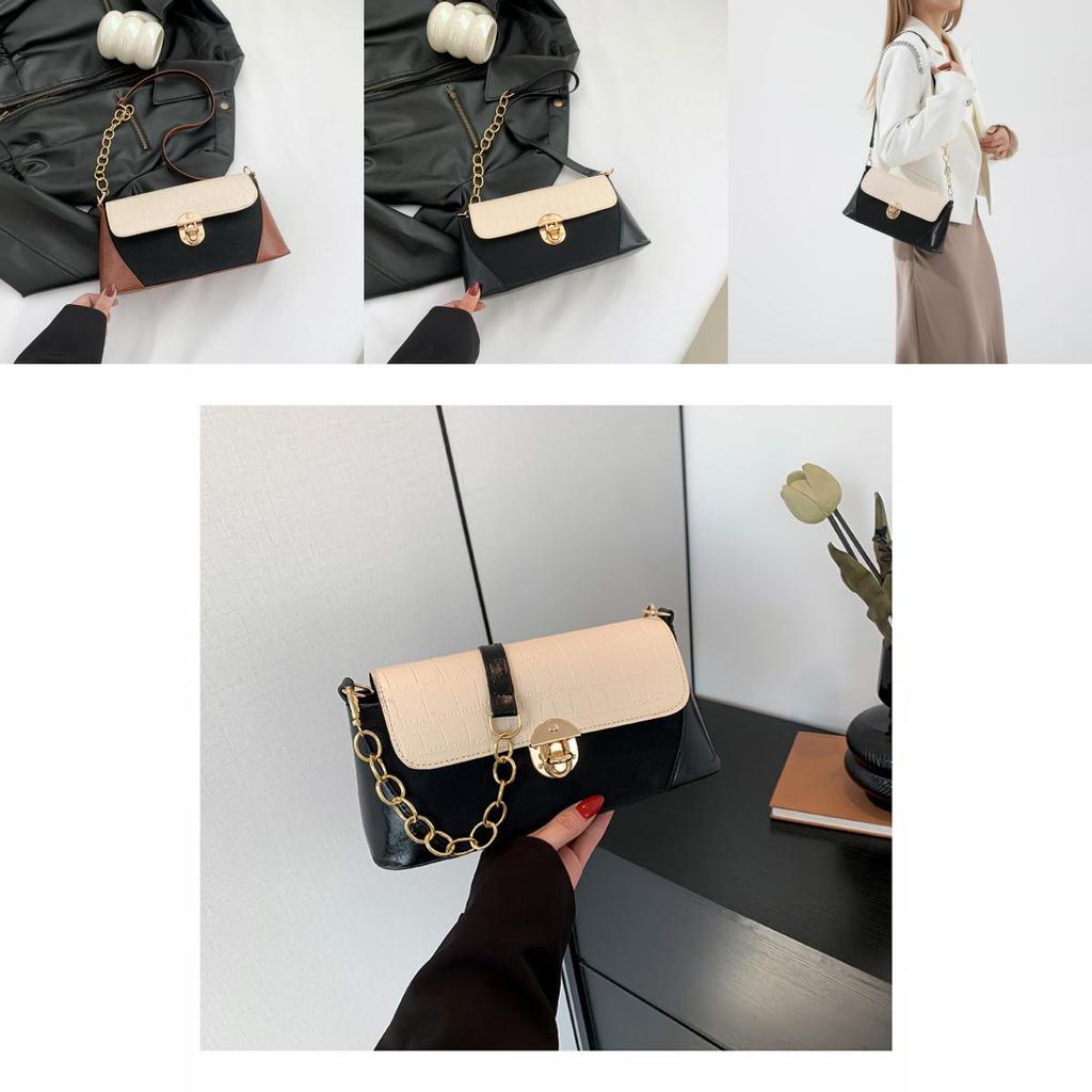 Retro Color Block Shoulder Bag 2024 New Trend Street Style Pu Material Medium Size