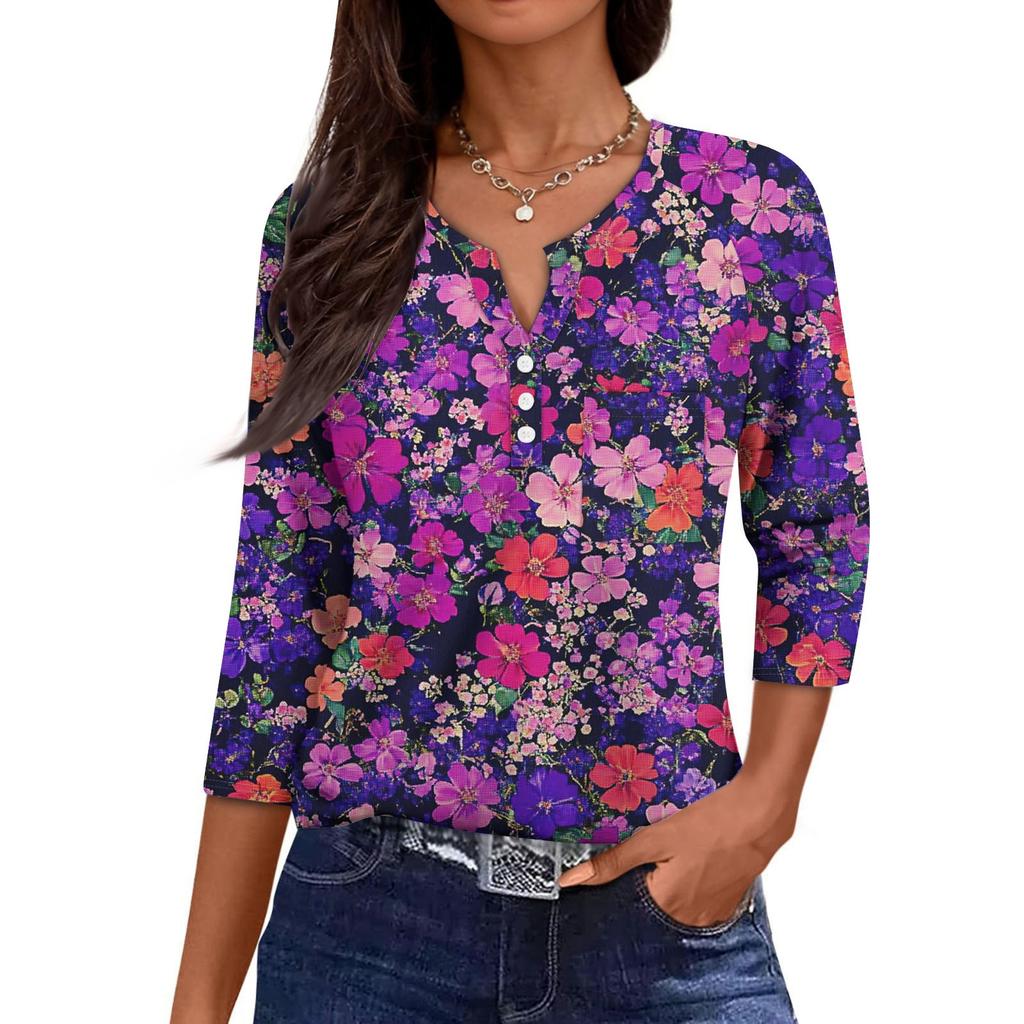 Damska Codzienna Modna Dekolt V Luźna Wszechstronna Kwiatowy Wzór Rękawy Trzyczwarte