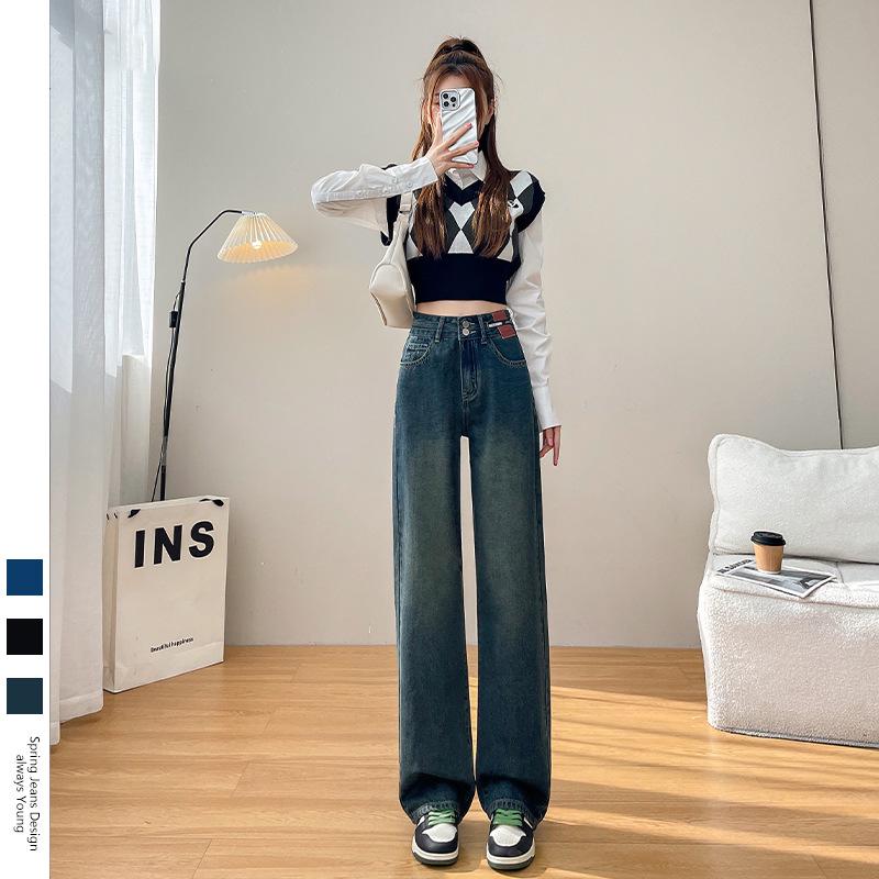 

Autumn 2025 Women s Cement Gray High-Waisted Drapey Jeans - Slimming Retro Narrow-to-Wide-Leg Design XS