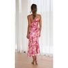 VEZFAA Women's Fashion Summer Spring Flower Pattern Print Sleeveless Oblique Collar High Waist Casual Dresses