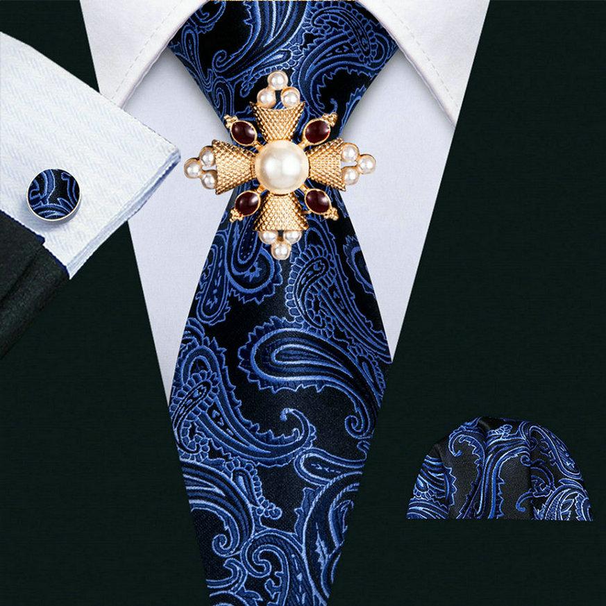 16 Styles Tie with Pearl Brooch for Men Paisley Woven Necktie Hanky Cufflinks Set Wedding Formal