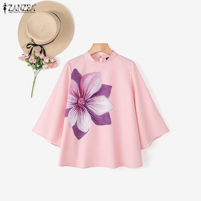 ZANZEA Women Stand Neck 3/4 Sleeve Floral Print Elegant Casual Blouse