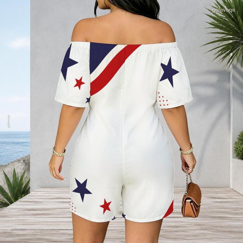 Women Plus Size Off Shoulder Short Sleeve Romper Abstract Liquid Marble Swirl Print Casual Jumpsuit Shorts