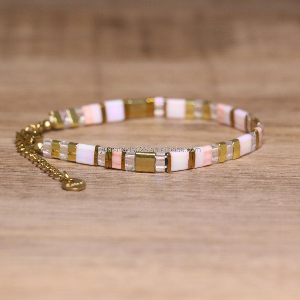 Fashion Pink Gold Tila Bead Bracelet Adjustable Handmade Beaded Bracelet for Women Jewelry