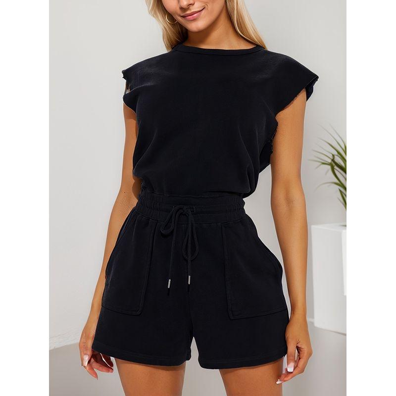 

Европейский и американский летний комбинезон с широкими плечами, рукавами, закрывающими руки, женский повседневный комбинезон, облегающий талию, со шнурком, карманами, цельный комбинезон с шортами Black XXL