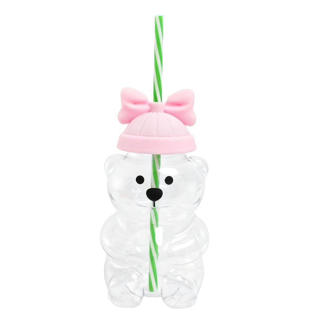 Reusable Bear Shaped Plastic Drinking Bottle with Straw and Decorative Bow Lid for Beverages and Parties