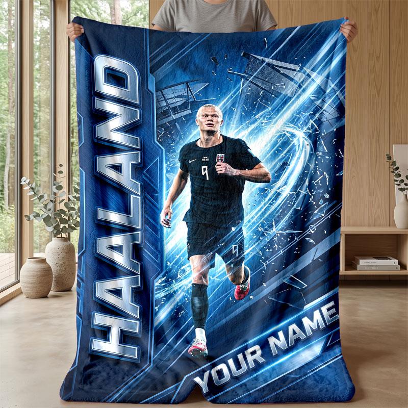Erling Haaland Custom Name Text Flannel Blanket Soccer Logo Personalized Fleece Throw Blanket Special Gift For Sofa Bedroom Home
