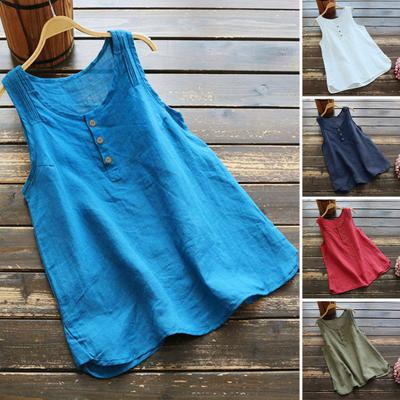 Women Vest Round Neck Sleeveless Solid Color Tank Tops Loose Fit Buttons Decor Summer Camisole Daily