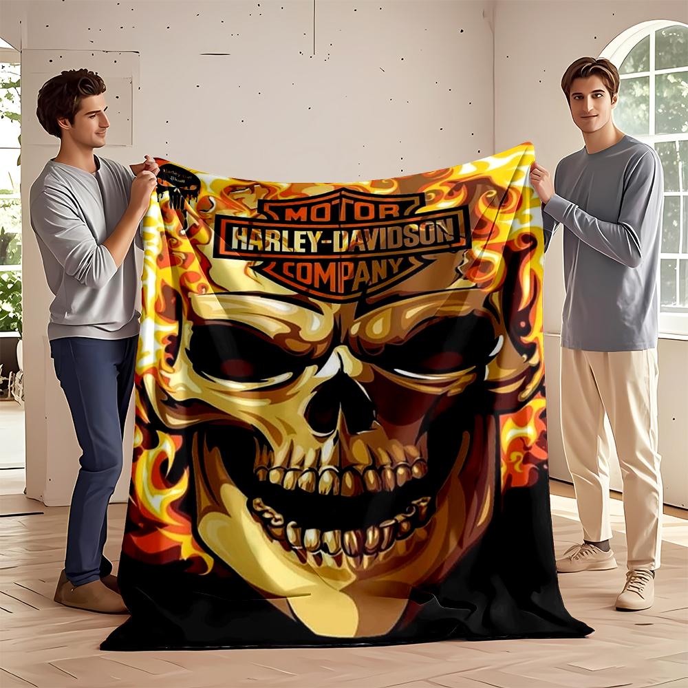 Harley-Davidson Flaming Skull Design Blanket Flannel Blanket for Bedroom, Living Room, Sofa, and Nap Sofas.