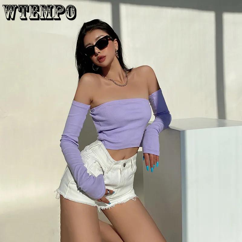 WTEMPO Schulterfrei Slim Party Club Kurze T-Shirts Damen Frühling Sommer Schwarz Weiß Freizeithemden