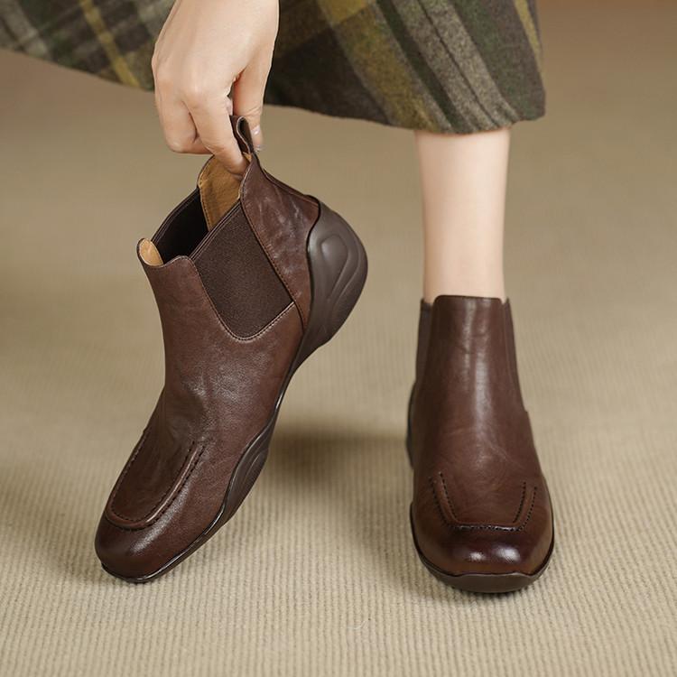 

British style platform leather short boots women s 2025 new soft leather small bare boots elastic band one-pedal versatile Martin boots 40