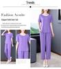 Summer Cotton Silk Women's Loose Two-Piece Set: Solid Color Short Sleeve Top and Long Pants, Plus Size Casual Wear.