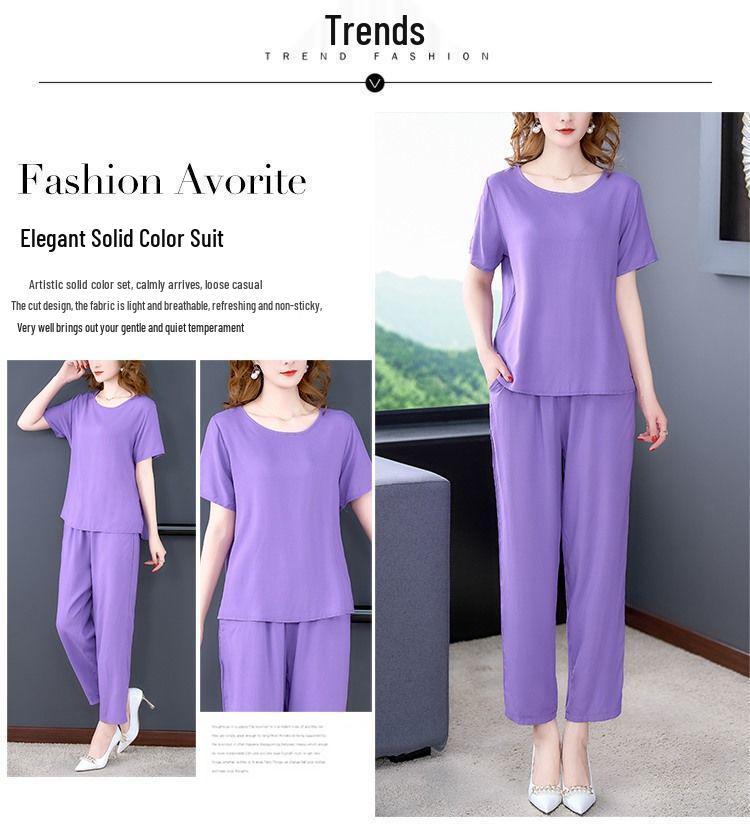 Summer Cotton Silk Women's Loose Two-Piece Set: Solid Color Short Sleeve Top and Long Pants, Plus Size Casual Wear.