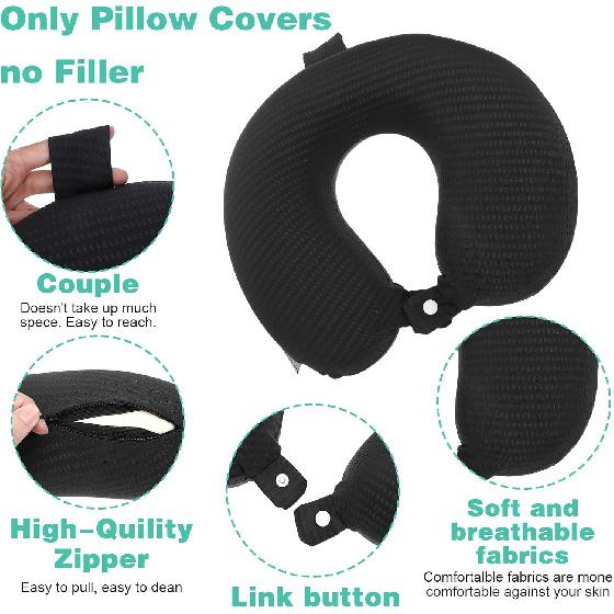 2 Pcs Neck Pillow Covers with Zipper, U Shaped Travel Pillow Case Cover, Replacement Neck Pillows Case, Washable Oft Airplane Pillows Covers, Black